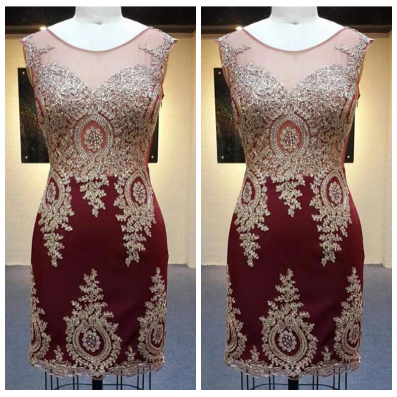 

Mini 2017 Short Cocktail Dress Sheer Scoop Sleeveless Golden Lace Beaded Formal Prom Cocktail Gown vestidos De Soiree