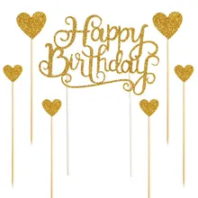7pcs Gold Glitter Happy Birthday Cake Decoration Love Heart Cake topper Wedding Decoration Valentine's Day Cake Supplies 