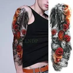 Водостойкая временная татуировка наклейка вой волков роза череп полная рука большой размер поддельные тату флэш-тату рукав для мужчин и