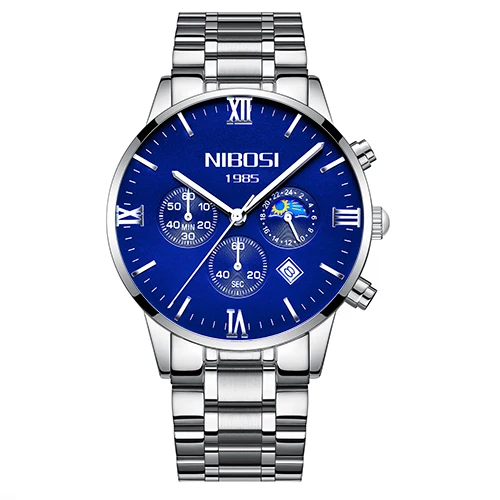 NIBOSI, роскошные Брендовые мужские часы, полностью стальные мужские часы, золотые часы, мужские спортивные водонепроницаемые часы, Relogio Masculino 1985 Saat - Цвет: Silver blue s