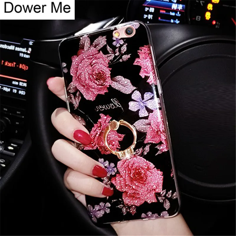 

Dower Me Fashion Diamond Finger Ring Grip Rose Flower Floral Pattern Glitter Soft Phone Case Cover For iPhone X 8 7 6 6S Plus
