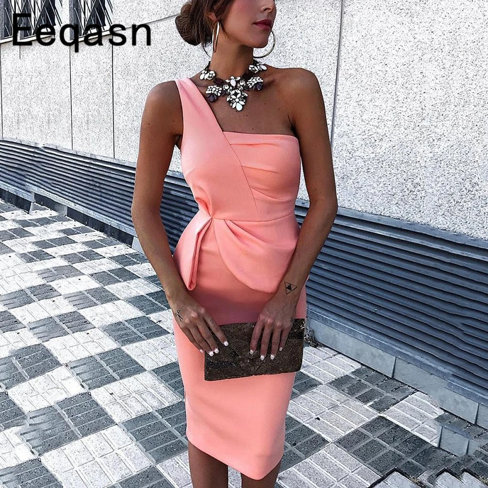 Mm Verspilling uitlijning Roze Korte Cocktail Jurken Sexy Elegante Een Schouder Schede Vrouwen Knie  Lengte Formele Party Gown Gala Semi Formele Kleding|Cocktail jurk| -  AliExpress