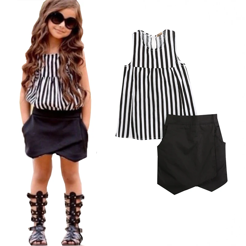 

NEW 2pcs Baby Kids Girls Summer Clothes Sleeveless Striped Tops Blouse+Asymmetric Shorts Outfits Clothing Set 2~7T