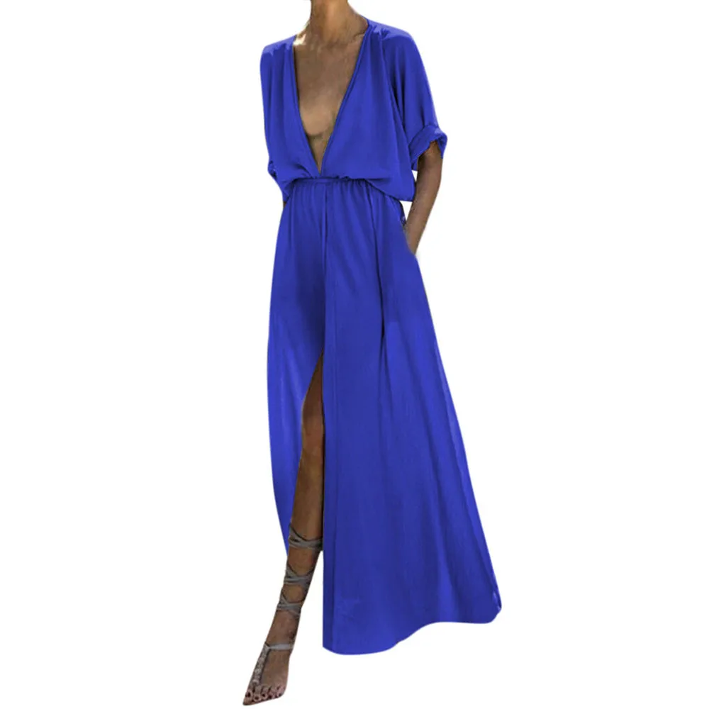 CHAMSGEND Women Solid Tank Maxi Dress Half Sleeve Casual Summer Long