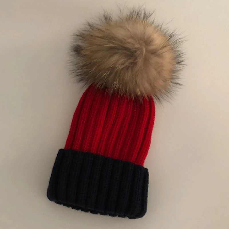 Повседневная Новинка, настоящие помпоны из лисьего меха, 15 см, Skullies Beanies, шапки для детей, зимняя шапка для девочек, одноцветная шерстяная хлопковая шапка Skullies Beanies - Цвет: Black and Claret