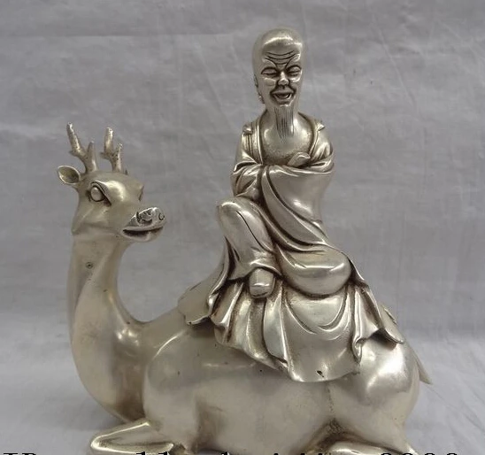 

dr114 8" China Silver Longevity Star God Ride Deer Buddha Statue Incense Burner Censer