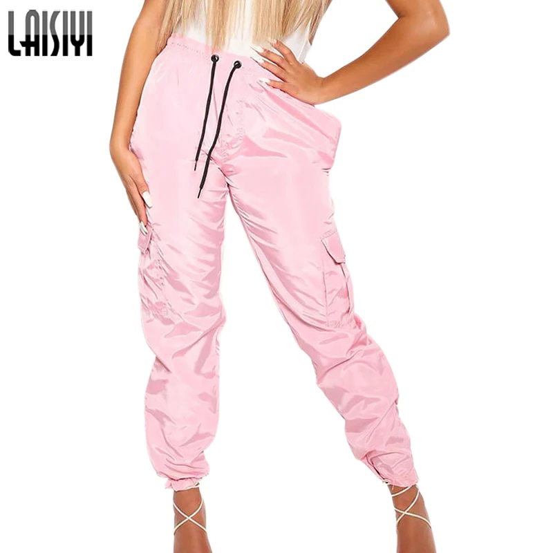 

LAISIYI 2019 Fashion Smooth Reflective Pants Solid Drawstring Loose Long Ankle-tied Pants Streetwear Trousers Pink ASPA20205