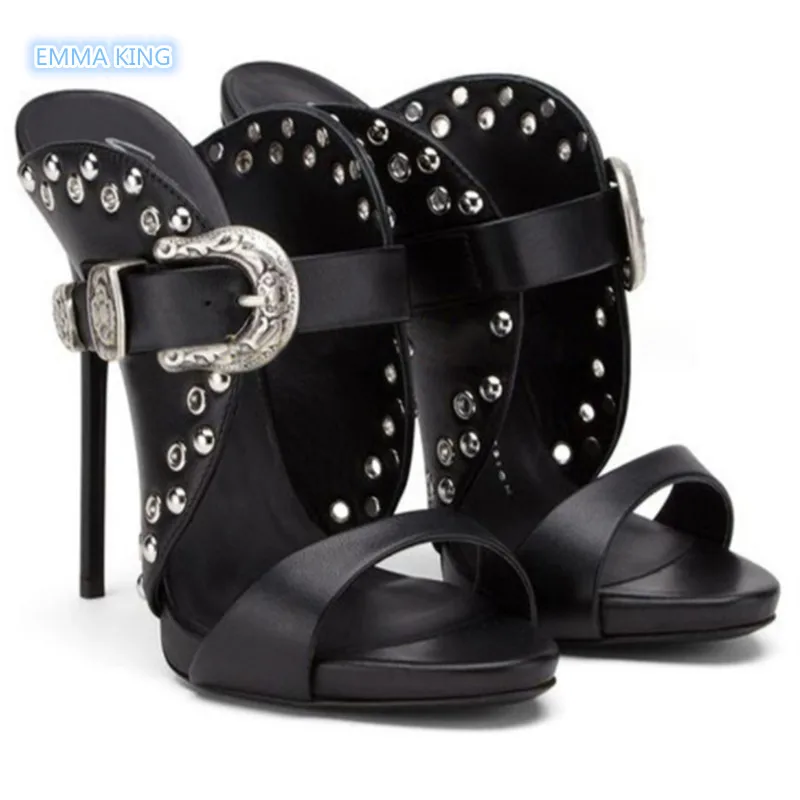 

Mules High Heels Shoes Women Rivets Stiletto Heels Fashion Summer Sandals Belt Buckle Slip On Party Ladies Shoes Roman Sandals