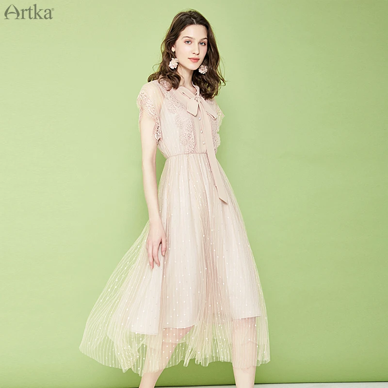 Женское кружевное Сетчатое платье ARTKA элегантное с вышивкой и бантом длинное на