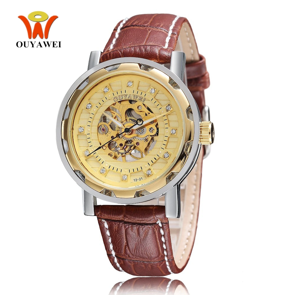 

OYW Brand Self Winding Mechanical Men Wristwatch Gold Skeleton Dial Leather Strap Luxury Fashion Male Automatic Watches Gifts