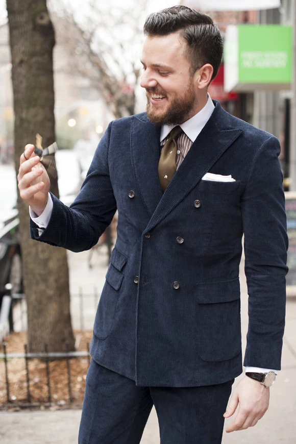 Blue Double Breasted Men Suit Peaked Lapel Fashion Corduroy Safari