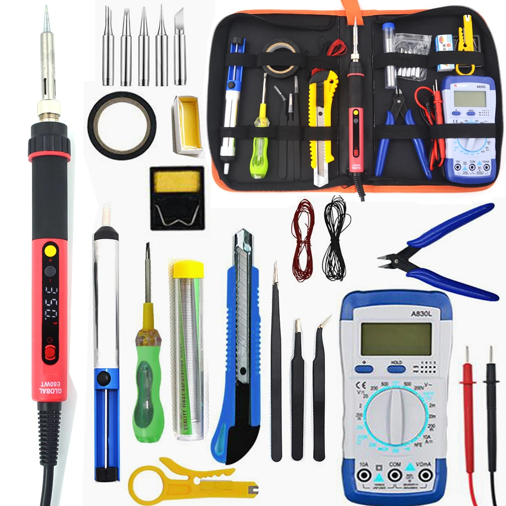 

E60W Digital LCD Adjustable NC thermostat Electric soldering iron Kit Welding repair With Multimeter Desoldeirng Pump Tool 220V