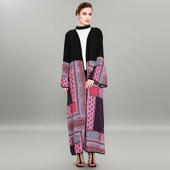 

Vintage Women Muslim Dress Plus Size 5XL V Neck Long Sleeve Patchwork Multicolor Islamic Dress Dubai Turkish Cardigan Abaya