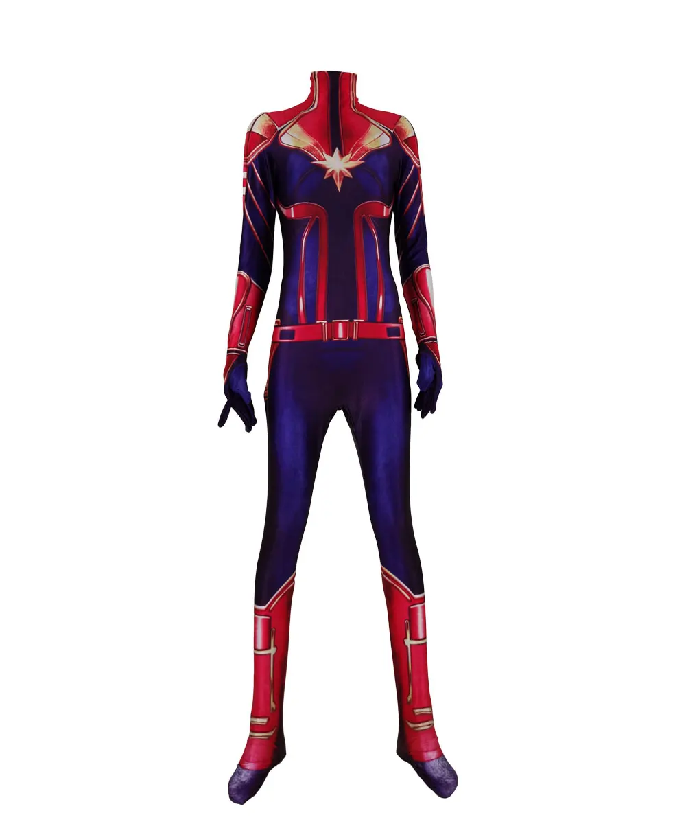 

Movie Ms Captain Marvel Female Superhero Jumpsuit Custom Made Captain Marvel Cosplay Halloween Costumes Spandex Bodysuit