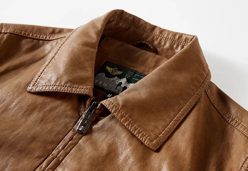 2019 Spring PU Leather Bomber Jackets Coats Business Stand Collar Brown Casual Fashion Cargo Military Jackets Coats Business (6)