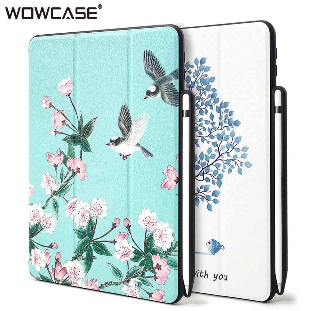 Baratos De seda de lujo Funda de cuero para nuevo iPad 2018 de 9,7 pulgadas con lápiz soporte inteligente dormir Tri fold flores arte cubierta mate para iPad 9,7