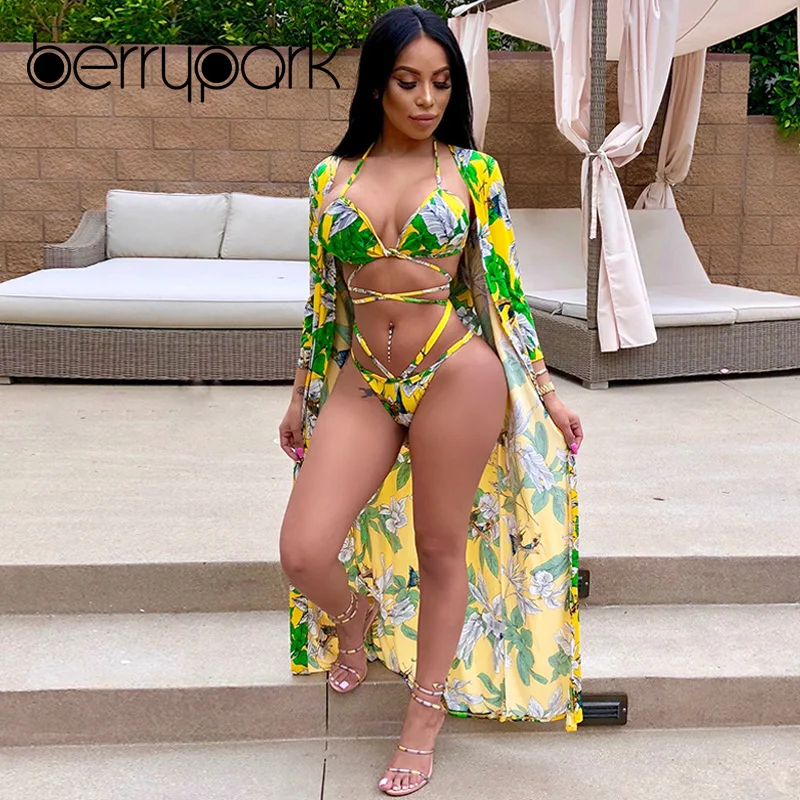 

BerryPark Low Waist Bandage Bikini + Cover Up 3PCS Set Swimsuit 2019 Women Flower Print Swim Bathing Suit Swimwear Beach Wear
