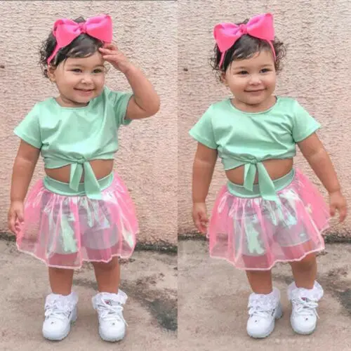 

Toddler Kids Baby Girl Clothes Sets Short Sleeve Bow Tie Crop Tops T-Shirt Tulle Tutu Shorts Skirt Set 2Pcs Summer Hot Outfits