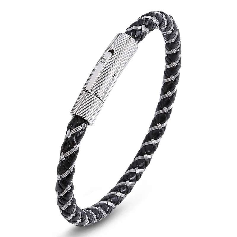 MOZO Модные мужские ювелирные изделия черного, серебряного цвета металлический Плетеный веревочный браслет из нержавеющей стали с магнитной пряжкой мужской браслет PS1007