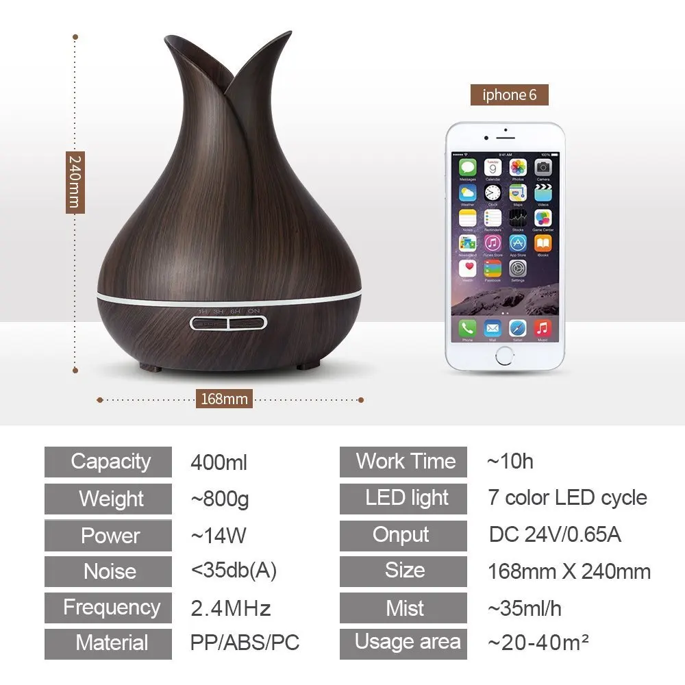  400ml Aroma Essential Oil Diffuser Ultrasonic Air Humidifier with Wood Grain 7 Color Changing LED L