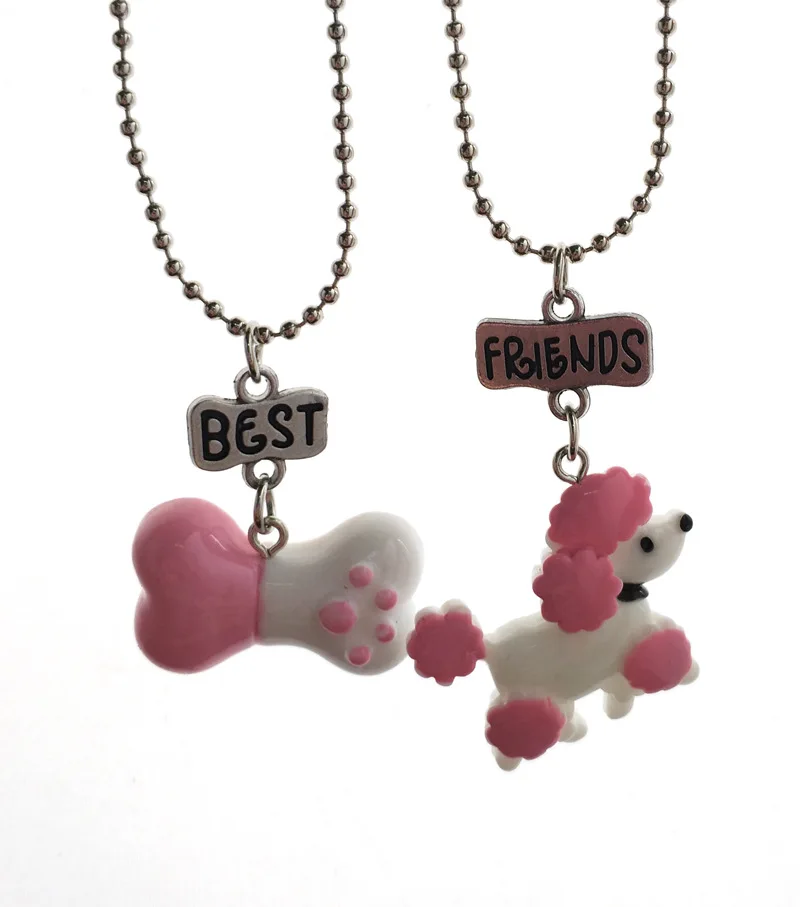

Children Best Friends Necklace Resin Simulation Pink Poodle Dog Bone Pendant BFF 2 Necklace Jewelry Gift For Kids 2PCS/Set