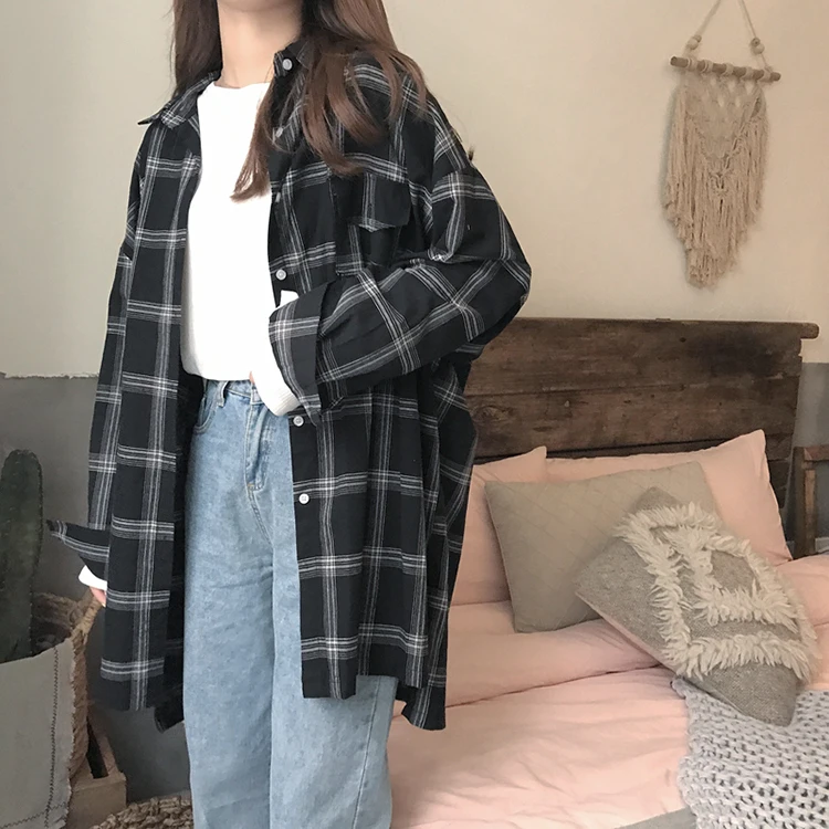 Новая весенняя большая клетчатая рубашка для женщин, длинная Корейская тонкая блуза с длинным рукавом, повседневное Свободное пальто, женская одежда Harajuku, тренды