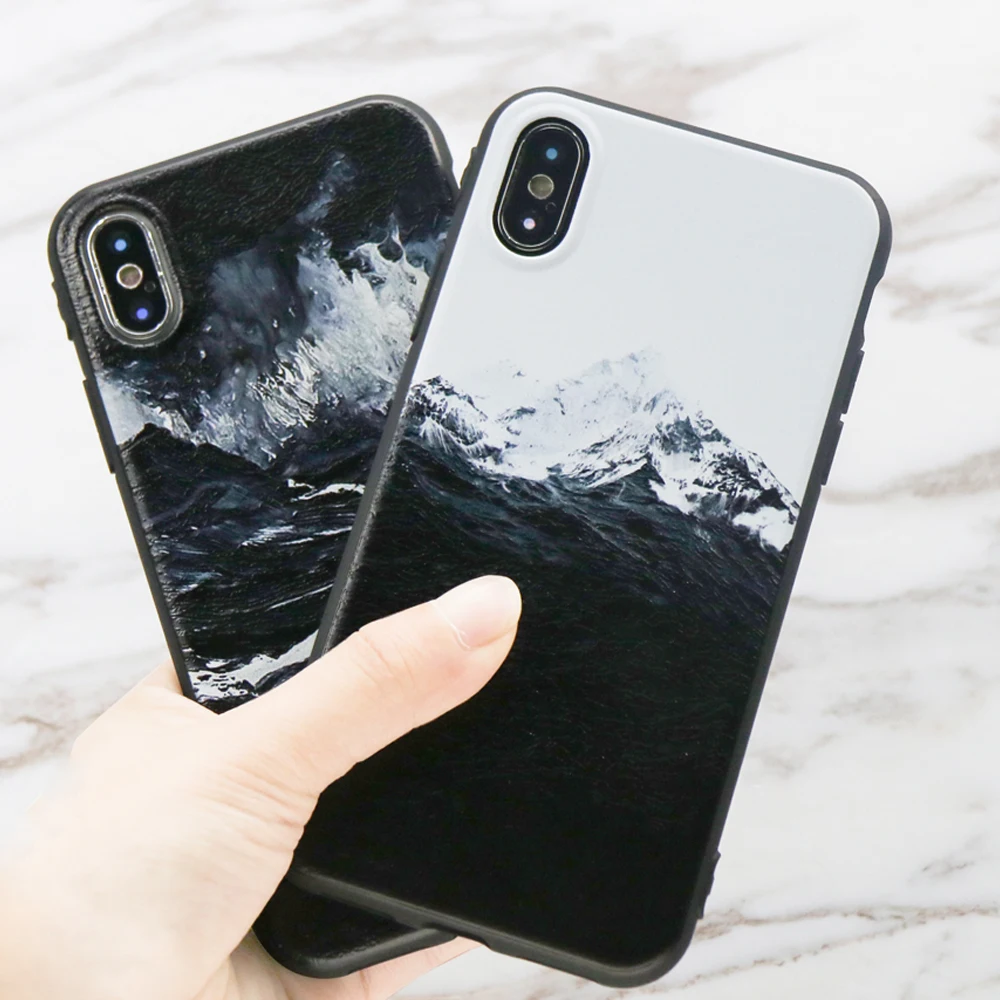 Fashion 3D Emboss Sea Waves Soft TPU Case For iPhone X Black White Relief Snow Mountain Painting Back Cover Anti-knock |