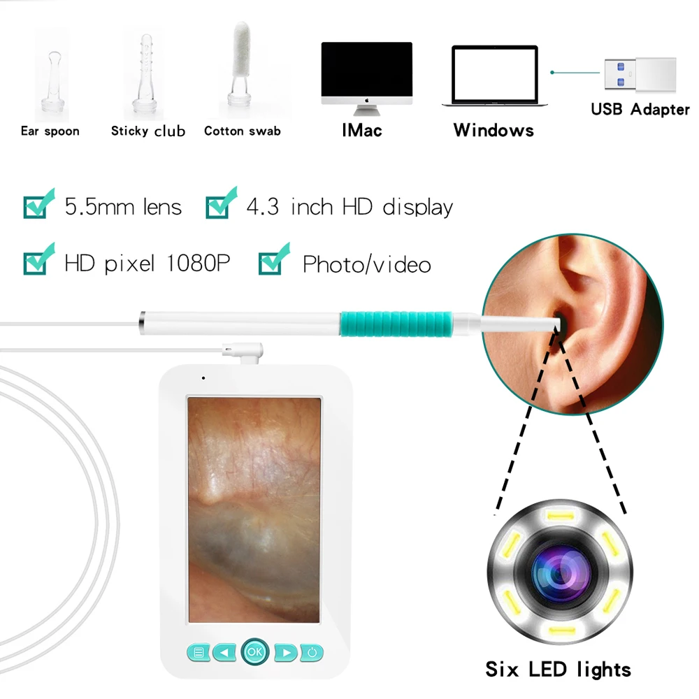 1080 P 4,3 дюймов HD Дисплей 5,5 мм ухо эндоскоп Водонепроницаемый Камера видео медицинской безопасности легко Operat идеально подарки для