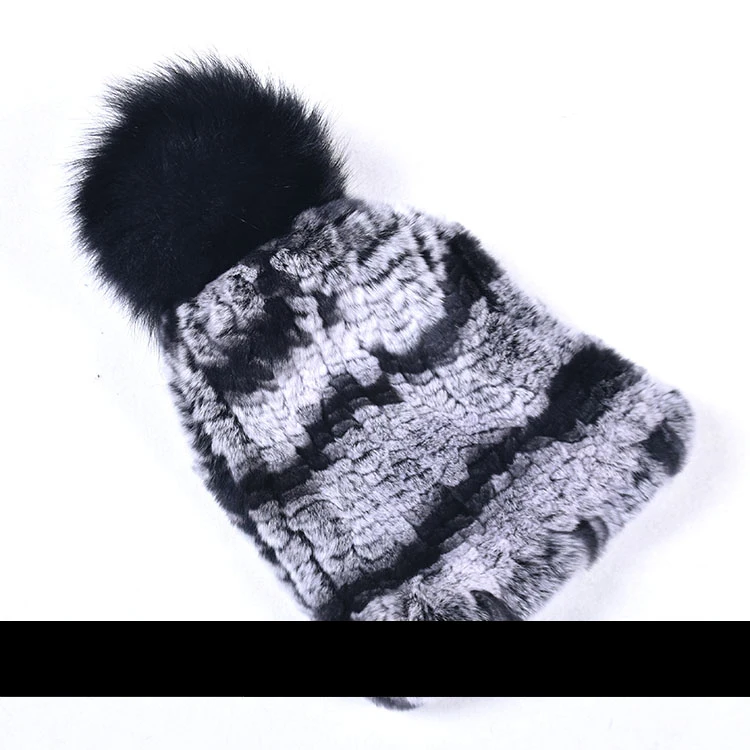 Зимняя меховая шапка для женщин, настоящий мех кролика, шапка с лисьим мехом, помпоны, меховые вязаные шапочки - Цвет: NO.12The zebra color