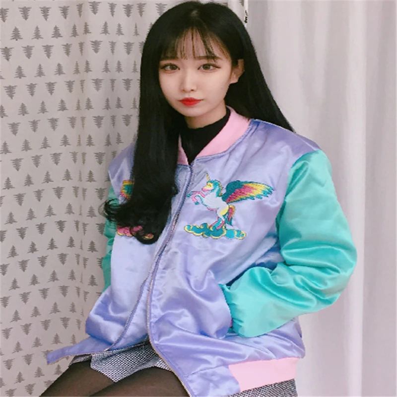 2017 New Cute Rainbow Horse Floral Embroidery Harajuku Spring Jacket Women Zipper Casual Loose Long Sleeve Baseball Coat 2017 New Cute Rainbow Horse Floral Embroidery Harajuku Spring Jacket Women Zipper Casual Loose Long Sleeve Baseball Coat