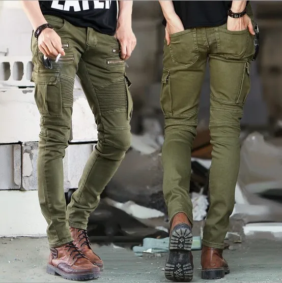 Мужские модные обтягивающие карго джинсы брюки для мужчин повседневные облегающие джинсовые мотоциклетные байкерские джинсовые брюки прямые ноги размера плюс 42 - Цвет: Армейский зеленый