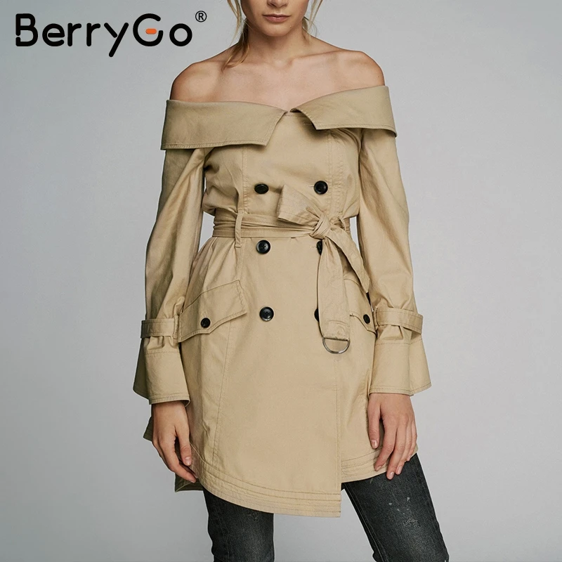 BerryGo с открытыми плечами сексуальный Тренч пальто для женщин высокого пояса хаки