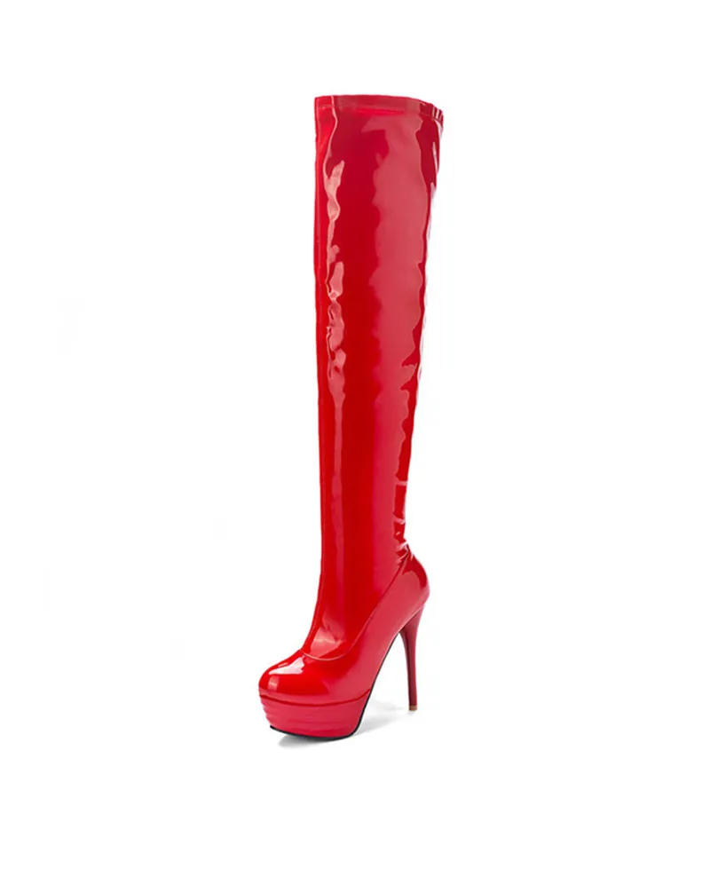 ESRFIYFE/ г. Новые модные ботфорты выше колена, большие размеры 32-46 Осенняя пикантная женская обувь на платформе и тонком высоком каблуке - Цвет: Красный