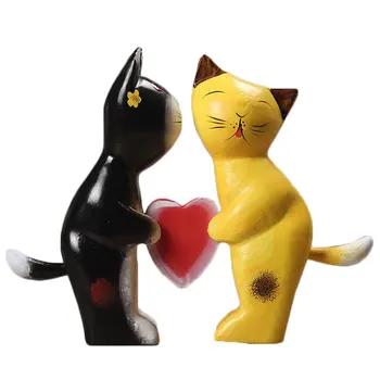 

Lovely Couple Cat Figurine Home Decor Cat Miniature Ornament Gift Creative Wedding Decor Accessories Wood Animal Craft Figurines