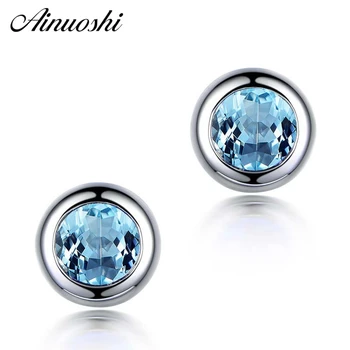 

AINUOSHI Natural Blue Topaz Stud Earring Bezel Setting 1 Carat Round Cut Blue Gems Silver Pierced Earring Gift for Women Jewelry