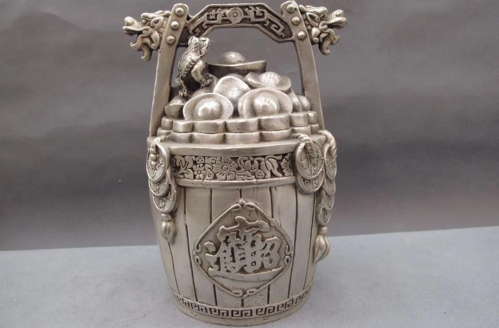 

China Royal White Copper Silver Feng Shui YuanBao Money wealth A barrel Statue