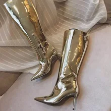 Пикантные зеркальные кожаные сапоги до колена с острым носком и боковой молнией; обтягивающие высокие сапоги для женщин; модная Клубная модельная обувь; большие размеры