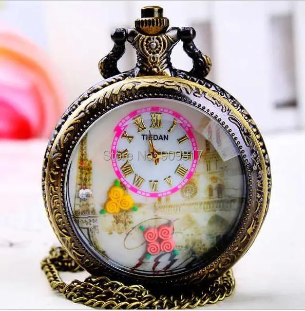 

10 pcs/lot Fashion Eiffel Tower Floret Transparent cover necklace women Decorative pocket watch free shipping
