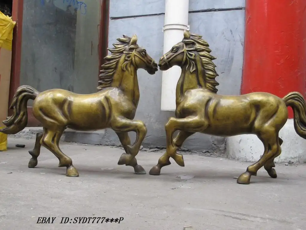 20 "Китай Сино бронзовая скульптура пара монгольский Тан Лошадь Животное боевой конь пара украшения сада 100% настоящий медный
