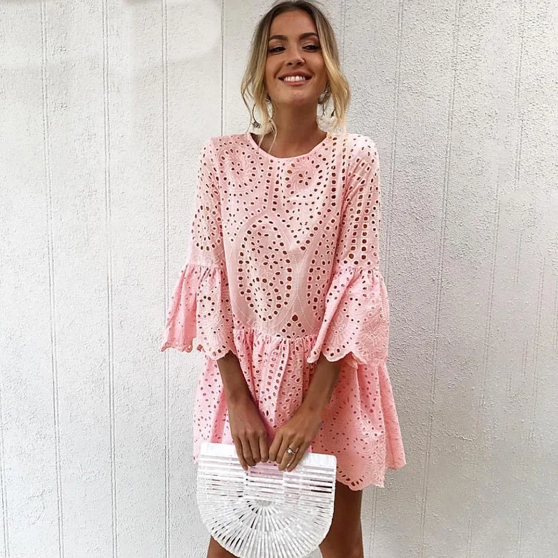 

Dress summer dresses 2020 solid color round neck three quarter sleeve Foreign button lace ruffled women dress vestidos ONY0841