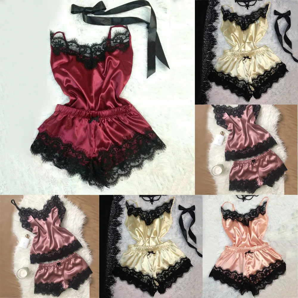 

Women's sexy Sleepwear sexy lingerie Satin Pajama Set Lace V-Neck Pyjamas Sleeveless Cute Top and Shorts pijama exy underwear