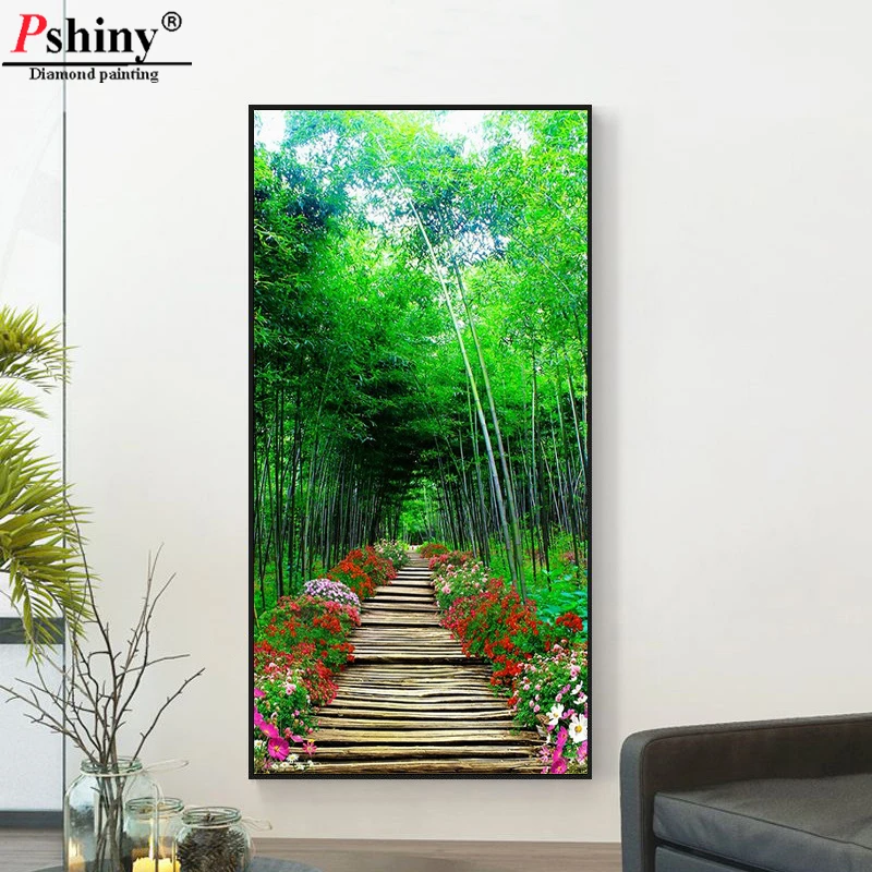 

DIY diamond embroidery painting landscape bamboo cross stitch Full square Diamond mosaic Treelined trail Needlework Pshiny F377