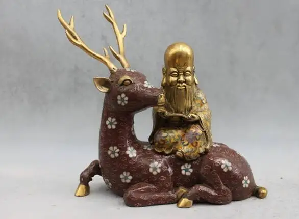 

Chinese Bronze Copper Cloisonne longevity god Ride spotted deer Buddha statue