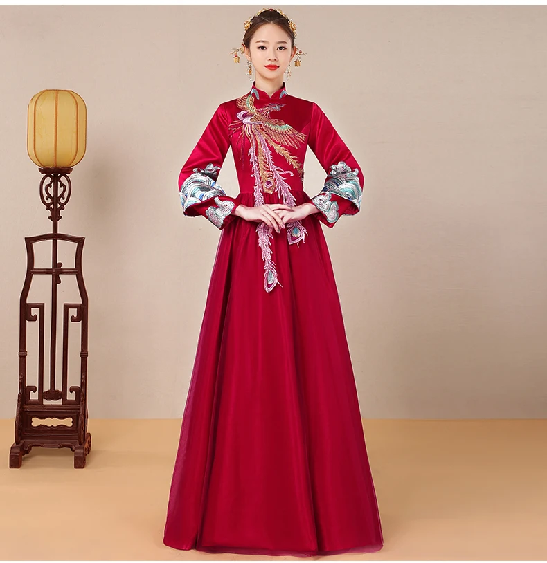 Китайский Стиль вышивкой Феникс платье Qipao Oriental невесты торжественное платье бордовый с длинным рукавом свадебное Cheongsam вечерние платья