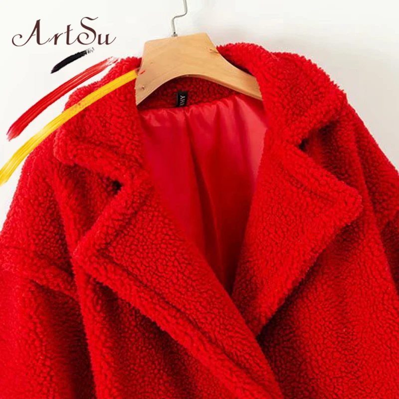 ArtSu зимнее меховое плюшевое пальто для женщин, уличный большой красный плюшевый жакет, Дамское пальто из овечьей шерсти, белое розовое длинное пальто из искусственного меха