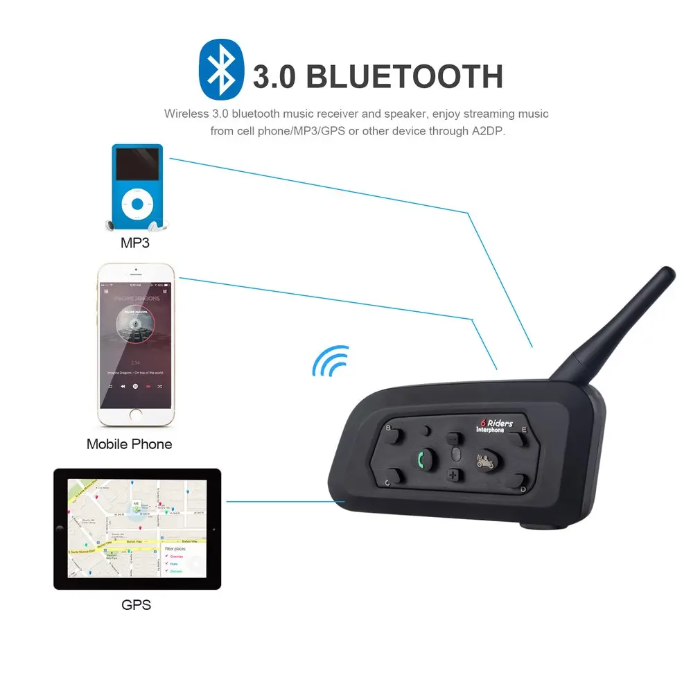 

V6-1200 Multi Interphone Motorcycle Intercom Wireless Headphone Accessories 1200M Helmet Headset 6 Riders Bluetooth earphone
