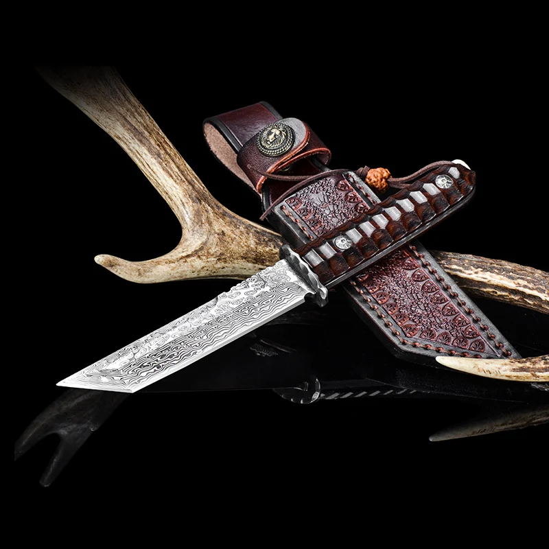 

Handmade Damascus Steel 9.5 Inches Hunting Knife - Red acid wood with Leather sheath
