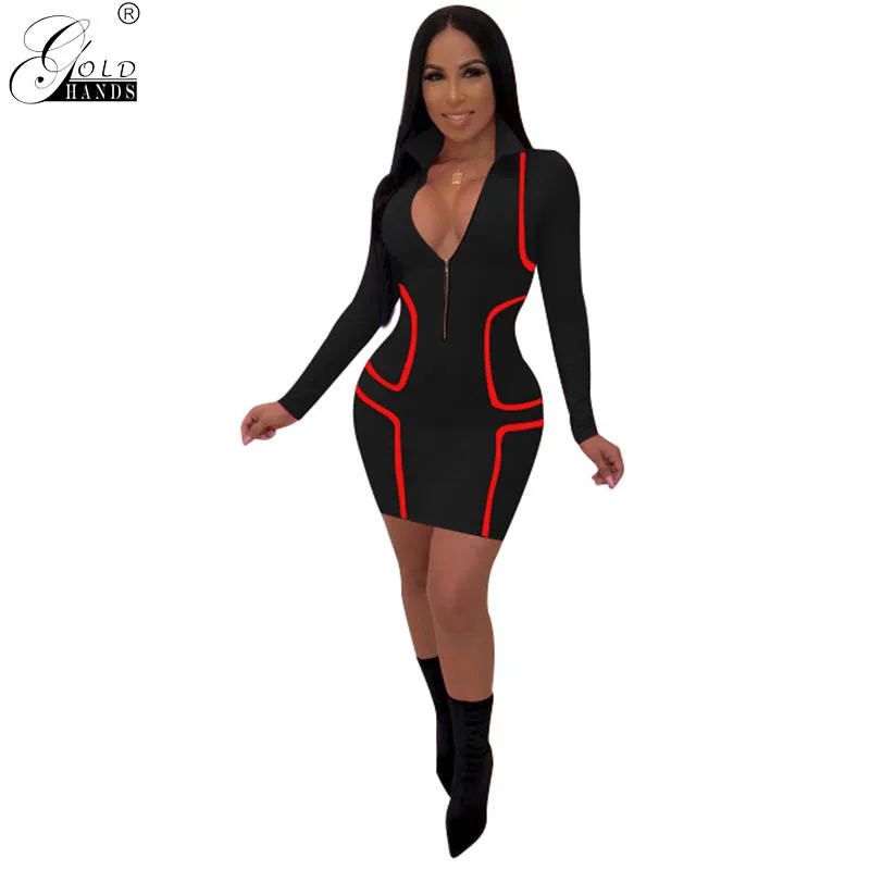 

Gold Hands Spring Streetwear Women Solid Zipper Sexy Patchwork Dresses Female V-neck Dress Pencil Office Lady Bodycon Dress