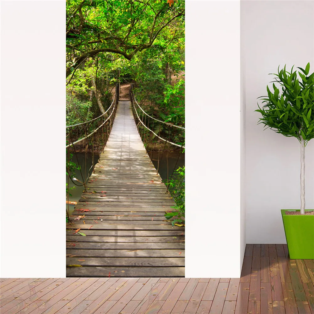 

3D Landscape Wall Stickers Wood Suspension Bridge Door Stickers Art Vinyl Removable Mural Home Rome Decor Wall Stickers
