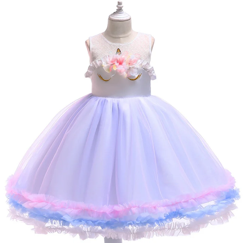 

2019 Summer Girls Dress New Unicorn Fluffy Mesh Dresses Lace Dress Children's Clothing Kids Dress